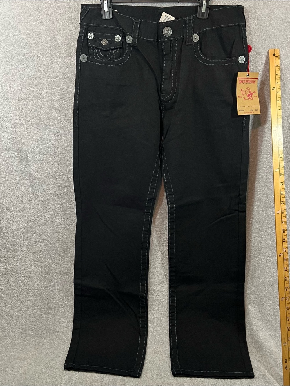 TRUE RELIGION RICKY SUPER T FLAP BLACK JEANS RELAXED STRAIGHT THICK STITCH 36x32